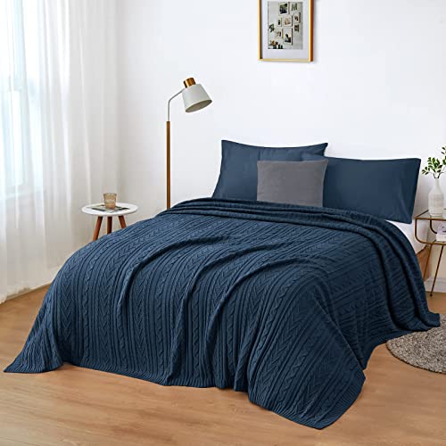 Aormenzy Navy Blue Cable Knit Throw Blanket Queen Size for Bed Couch Sofa, Super Soft Cozy Knitted Blanket 90" x 90" Bed Blankets Full Size - color: Navy Blue, size: 90" x 90", Queen