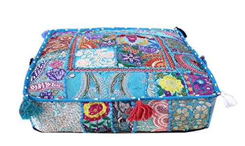 CRAFT KALA Indian Square Patchwork Traditional Pouf Cover Indian Living Room Poufs Decorative Embroidered Designer Ottoman Home Living Footstool Chair Cover Decor Pillow Cover 22x22x5 inches, Sky Blue - color: Sky Blue, size: 22"D x 22"W x 5"H