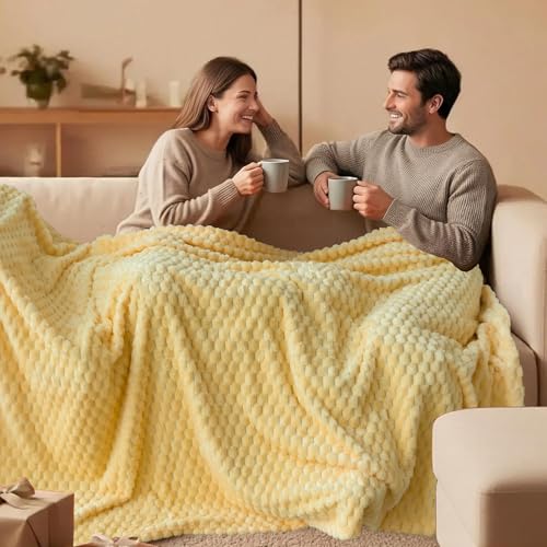 Vessia Flannel Fleece Twin Size Blanket(60x80 inch), 3D Jacquard Light Yellow Fuzzy and Warm Blanket for Couch,Sofa, 300GSM Super Soft Touch Cozy Lightweight Bed Home Decor for All-Season - color: Light Yellow-3d, size: 60x80 inch