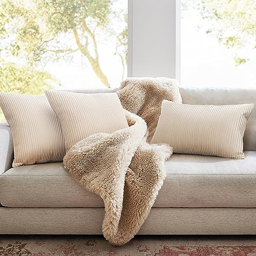 YCOLL Beige Pillow Covers 20x20 Set of 2 Velvet Striped Pattern - Soft Throw Pillows for Home Decor, Luxury Decorative Pillow Covers for Couch, Bed,Living Room - color: Beige, size: 20" x 20" (Pack of 2)