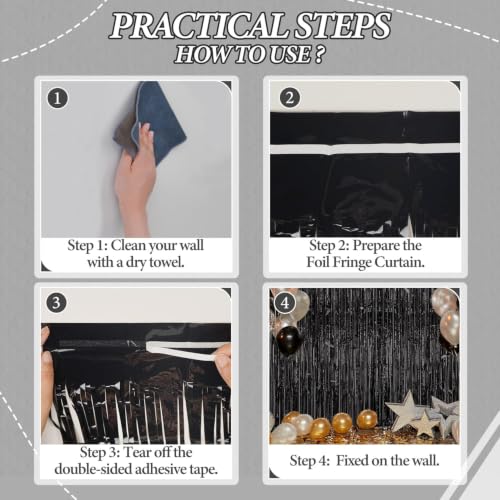 DECOCKRAT 3 Pack Foil Fringe Backdrop - Black Shiny Tinsel Curtains for Party Decoration/Photo Booth Props - 3.3x8.2 FT Metallic Foil Backdrop for Birthday, Wedding, Graduation, Christmas. - color: Black