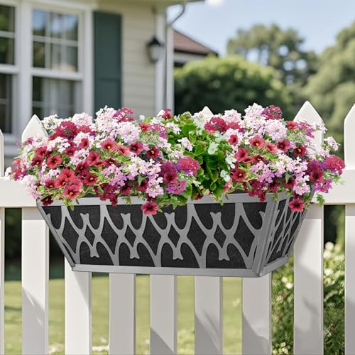 4 Pack 16 Inch Window Boxes Planters Railing Planter Box with Adjustable Brackets & Non-Woven Fabric Plant Grow Bags Deck Railing Planter Boxes Balcony Hanging Flower Box for Outdoor Plants - color: 4 Pack-grey, size: 16 Inch
