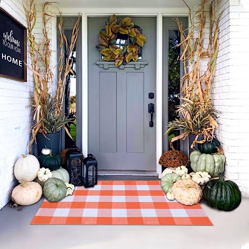 Orange and White Plaid Rug, 28'' x 43'' Fall Front Door Decor Mat, Cotton Washable Hand-Woven Door mat for Layered Doormat, Autumn Halloween Thanksgiving Carpet for Porch, Entryway - color: Orange & White Plaid, size: 2'4" x 3'7" (Rectangular)