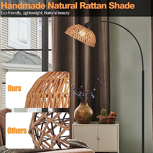 Brilvibera Boho Floor Lamp with Remote- Arc Tall Lamps, Bronze Floor Lamps with Stepless Dimmable Bulb, Hand-Worked Adjustable Rattan Lampshades, Brown Rattan Standing Lamp - style: Bronze Rattan Arc Lamp