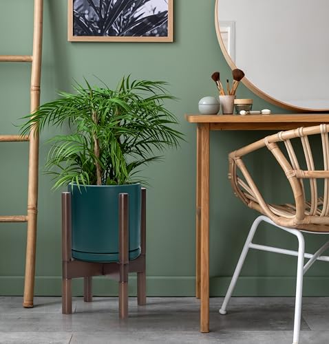 D'vine Dev Ceramic Planter with Walnut Color Stand - 8 Inch Modern Round Flower Pot with Wood Planter Holder, Teal, 55-B-Y-4 - color: Teal Pot + Walnut Color Stand, size: 8 Inch