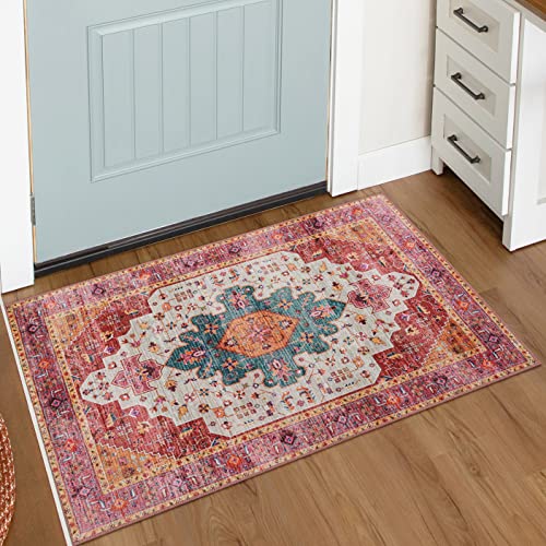 Moynesa Ultra-Thin Washable Pink Area Rug - 2x3 Small Pink Washable Bedroom Rug Entry Mat, Vintage Non-Slip Non-Shedding Low Pile Indoor Throw Carpet for Laundry Living Room Hardwood Floors Kitchen - color: Pink/Multi, size: 2' x 3'
