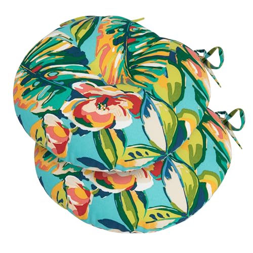 FUNHOME 15"x15"x4" Bistro Chair Cushion Set of 2, Water Repellent Round Outdoor Chair Cushions with Ties, Patio Tufted Chair Pads for Home Garden (Rosario Flower Leaf) - color: Rosario Flower Leaf