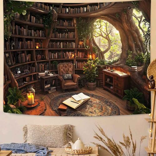 Richldeas Forest Bookshelf Tapestry Tree Bookshelf Wall Tapestry Window Tapestries Wall Hanging Posters for a Windowless Office RITAYW366 - color: Yellow-3, size: Customsize