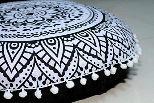 Round Mandala Floor Pillow Cover Seating Cushion Throw Cover Hippie Decorative Bohemian Ottoman Pouf Cover, Pom Pom Pillow Cases,Boho Indian 22 Inches (Black Flower) - color: Black Flower