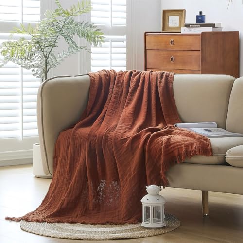 Cotton Muslin Throw Blanket with Tassels, Lightweight Woven Gauze, Pre-Washed Breathable Farmhouse Decor for Bed, Couch, All-Season Use (Rust, 50" x 60") - color: Rust, size: 50" x 60"