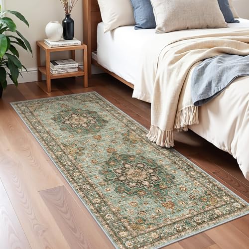TOPRUUG Washable Entryway 2x5 Rug - Small Throw Runners for Kitchen Bathroom Bedroom Non-Slip Ultra-Thin Indoor Door Mat Indoor Entrance - Stain Resistant Vintage Home Decor (Green, 2X5) - color: Green, size: 2' x 5' (Rectangular)
