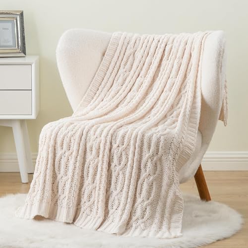 Battilo Cream White Ivory Throw Blanket for Couch, 51x 67 Inch, Woven Chenille Knit Throw Blanket for Chair, Super Soft Warm Decorative Textured Throw Blanket for Bed, Sofa and Living Room. - color: Ivory