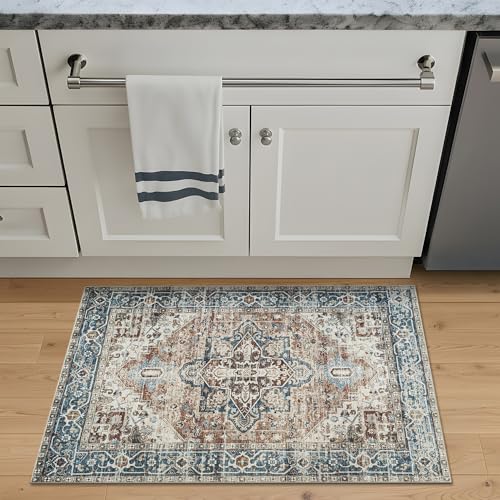 Bloom Rugs Washable Non-Slip 2x3 Rug - Terracotta/Blue Traditional Oriental Area Rug for Living Room, Bedroom, Dining Room, and Kitchen - Exact Size: 2' x 3' - color: Terracotta / Blue, size: 2' x 3' (Rectangular)