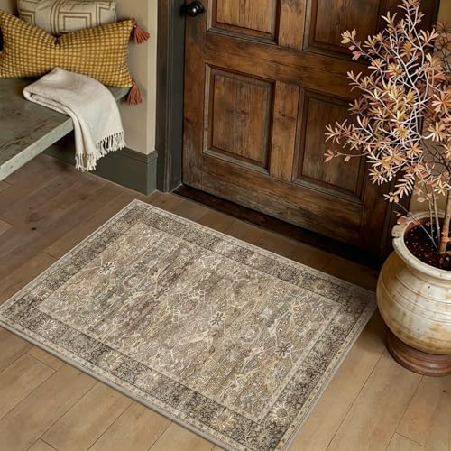 2x3 Entryway Rug Brown Washable Vintage Rugs for Entryway Kitchen Low Pile Non-Slip Door Mat Traditional Distressed Small Throw Rugs for Kitchen Entrance Bathroom - color: Brown, size: 2'*3'(Rectangular)