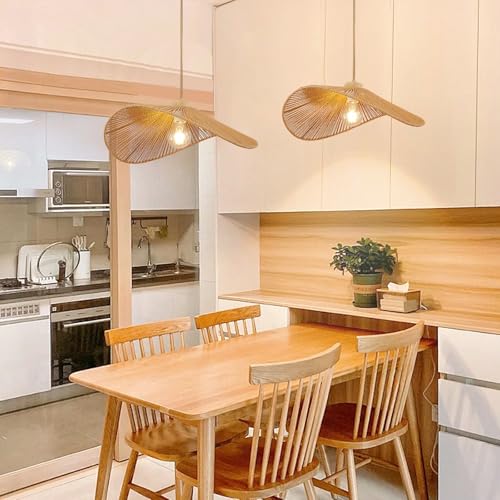 Boho Rattan Pendant Light Fixture Modern Style Hanging Light Bohia Natural Bamboo Handmade2-Light Hanging Lamp for Farmhouse Bedroom Living Room Dining Room M Size - size: 19.7''-2pcs