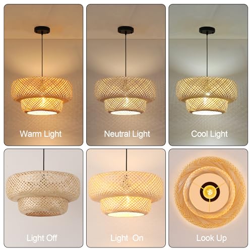 Bamboo Pendant Light 17.72" Wicker Chandelier Handmade Rattan Dining Room Lights Farmhouse Hanging Lighting Fixture for Kitchen Island Bedroom Living Room Hallway Coffee Restaurant - color: Beige-17.72IN