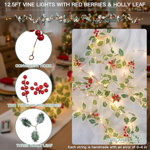 suddus 40 LED Christmas Fairy Lights Battery Powered,12.5ft Vine String Lights with Red Berries & Holly Leaf Timer Remote, Artificial Garlands for Fireplace, Bedroom,Porch,Door,Table,Stairs,Xmas Decor - color: Holly, size: 40 LED-Battery-Copper