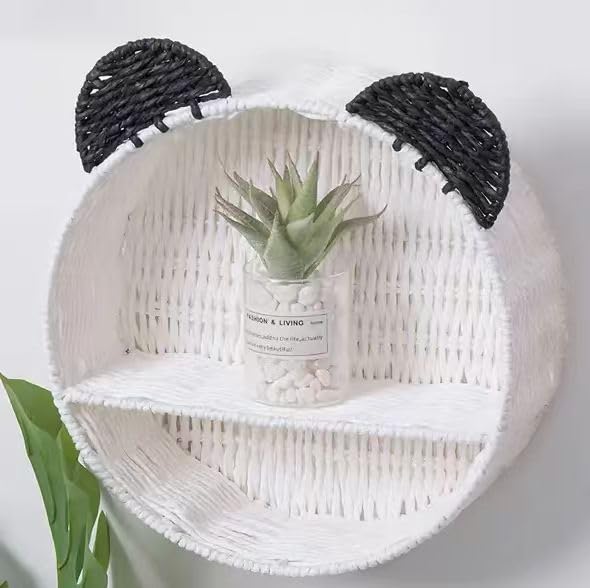 Panda Nursery Decor Wall Shelf, Handwoven Wicker Nursery Shelves for Wall, Wall Mounted Shelf for Small Books, Toys & Decor - color: White+Black