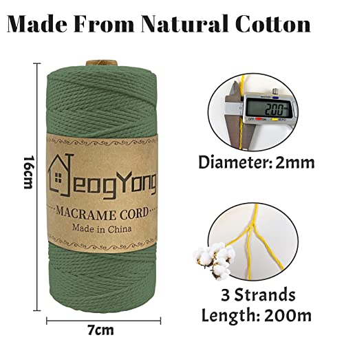 JeogYong Macrame Cord 2mm x 218 Yards, 3-Strand Twisted Natural Cotton Rope, Cotton String Coloured Craft Cord for Plant Hanger Wall Hanging Knitting Crafts, Army Green Color - color: Army Green