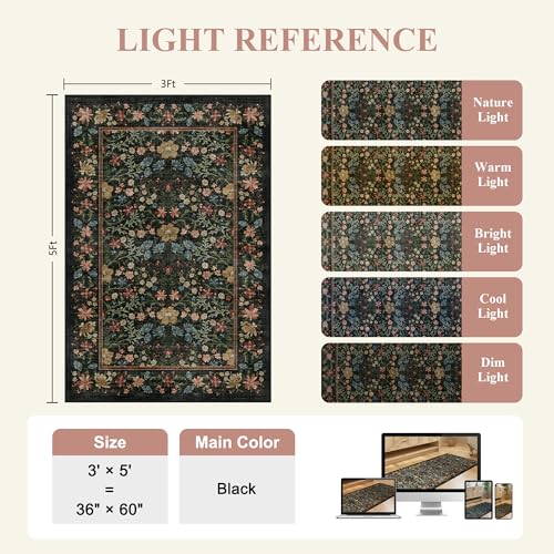 DUKINO 3x5 Area Rug, Vintage Floral Washable Rug for Bedroom with Non Slip Design, Soft Low Pile Indoor Small Carpet for Bedroom, Farmhouse, Living Room, Office, Bathroom, Black - color: Black, size: 3' x 5' (Rectangular)