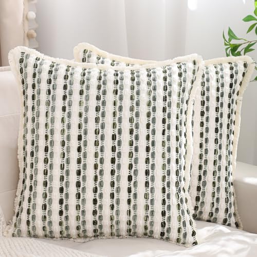 LUOYEHK Chenille Striped Throw Pillow Covers 20x20 Inch Set of 2 Boho Decorative Pillowcases with Fringe Farmhouse Neutral Dark Green Cushion Covers for Couch Sofa Bed Living Room - color: Green Gray, size: 20" x 20" (Pack of 2)