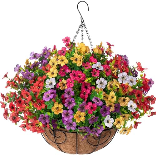 HyeFlora Artificial Faux Hanging Plants Flowers Basket for Summer Outdoor Outside Decoration, Fake Silk UV Sun Resistant Look Real Colorful Daisy Eucalyptus for Porch Home Patio Balcony Yard - color: Mix