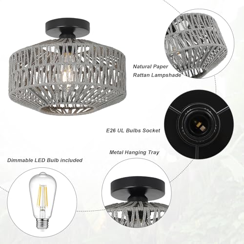 Boho Light Fixtures Ceiling Mount，Rattan Ceiling Light Fixture with Dimmable LED Bulb，Mini Hand Woven Chandelier Light Fixtures Ceilingfor Hallway Bedroom Kitchen Entryway Living Room（Grey） - color: Gray