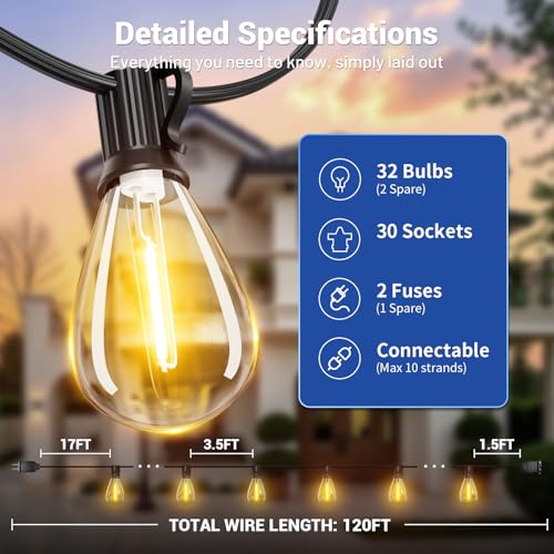 120FT Outdoor String Lights, 30+2 LED Shatterproof Bulbs with Remote & Timer,2700K Dimmable Waterproof Hanging Decor for Backyard, Garden, Porch, Balcony, Wedding Party Lighting - color: Warm White-2700K, size: 120 FT