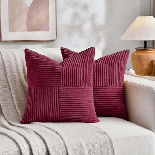 Fancy Homi 2 Packs Burgundy Samll Decorative Throw Pillow Covers 12x12 Inch with for Living Room Couch Bed, Rustic Farmhouse Boho Home Decor, Soft Corss Patchwork Corduroy Square Cushion Case 30x30 cm - color: Burgundy, size: 12" x 12" (Pack of 2)