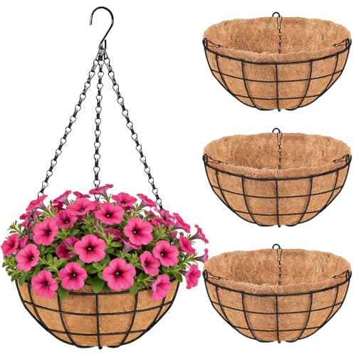 16 Inch Hanging Planters for Outdoor Plants,4 Pack Large Hanging Baskets for Plants Outdoor Metal Hanging Baskets with Thick Coco Coir Liners, Round Flower Pots for Porch Garden Ferns & Petunias - size: Large-16inch