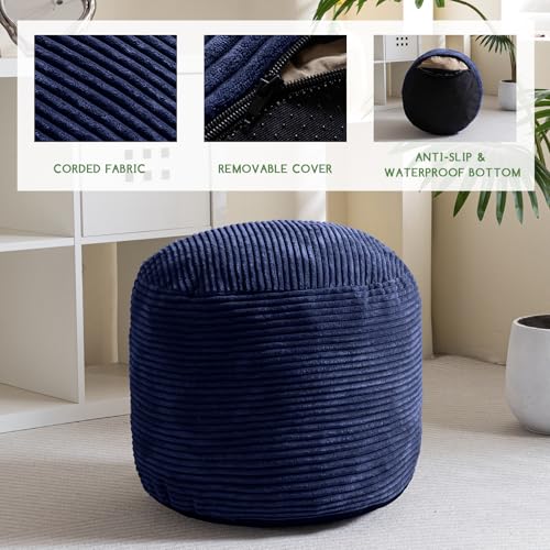 HIGOGOGO Round Stuffed Pouf Ottoman, Corduroy Poufs with Foam Chunk Filling, Furry and Fluffy Pouf Foot Stool Storage Ottoman, 20 X 15 Floor Poufs Foot Rest for Living Room, Navy - color: Navy, size: 20"D x 20"W x 15"H