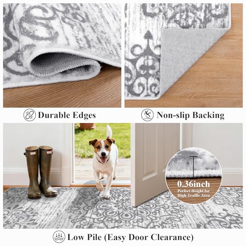 HEBE Hallway Runner Rug 3'x12' Washable Vintage Distressed Area Rugs Non Slip Laundry Rug Runner Boho Floor Carpet Runners for Hallways Entryway Laundry Room Kitchen Bathroom - color: Grey, size: 3' x 12' (Rectangular)