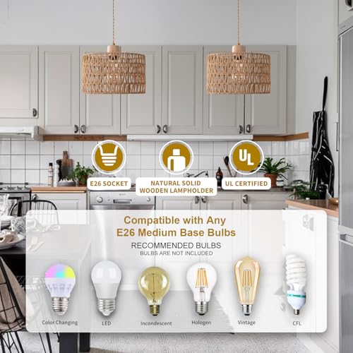 Plug in Pendant Light with Hand Woven Rattan Lampshade, Hanging Lamp with 15 FT Rope Cord On/Off Switch, Boho Pendant Light Fixture for Living Room Bedroom Kitchen Island Dinning Table - color: Brown
