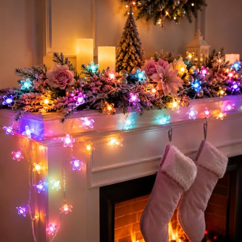 33ft Plug In Pastel Multicolor Christmas Flower String Lights Hanging Decor | 8 Modes Ip44 Waterproof Connectable Extendable Fairy Cherry Blossom Flower Lamp For Indoor Outdoor Hanging Decorations - color: Multicolor