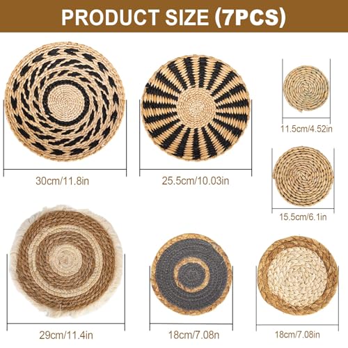 7 Pack Boho Wall Basket Set, Seagrass Rattan Wicker Boho Wall Decor, hanging Woven Wall Basket Decor, Eco-Friendly Round Art for Farmhouse Bedroom Living Room Display Table Settings Kitchen Home (Black Classic)