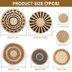 7 Pack Boho Wall Basket Set, Seagrass Rattan Wicker Boho Wall Decor, hanging Woven Wall Basket Decor, Eco-Friendly Round Art for Farmhouse Bedroom Living Room Display Table Settings Kitchen Home (Black Classic)