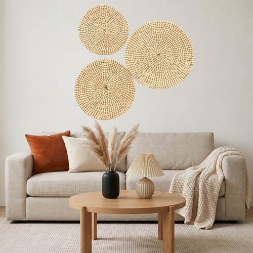 Laquedecraft Boho Wicker Rattan Plate Basket Set For Décor Hanging Wall | Large Woven Farmhouse Rustic Bohemian Art Baket Hangings For Decorative Home, Bedroom, Living Room, Kitchen, Bathroom (Classic, Natural, Set of 3) - size: Set of 3, style: Classic