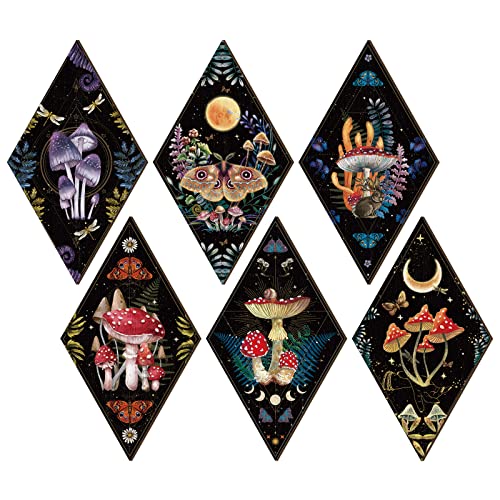 Sintuff 6 Pieces Gothic Wall Decor Boho Sun Moon Phases Wall Art Gothic Minimalist Stars Sun Hanging Wooden Home Decor Farmhouse Pediments for Gallery Living Bedroom Room(Mushroom) - style: Mushroom