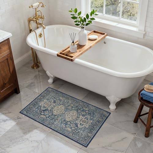 Bavni Washable Entry Rug 2x3, Non Slip Door Mat for Entryway or Kitchen, Vintage Print Low Pile Ultra Thin Indoor Rug, Blue - color: Blue, size: 2' x 3' (Rectangular)