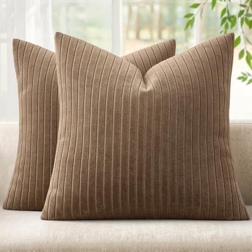 MIULEE Set of 2 Cocoa Brown Decorative Throw Pillow Covers 18x18 Inch, Thick Soft Textured Striped Cushion Covers, Modern Solid Color Farmhouse Boho Pillow Case for Sofa Couch Bed Living Room - color: Cocoa Brown, size: 18" x 18" (Pack of 2)