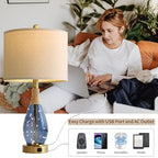 OYEARS 23" Table Lamps for Living Room Set of 2 Bedside Lamps for Night Stands Bedroom Lamps Farmhouse Rattan Boho Lamp Glass Nightlight End Table Lamp with USB C+A (Blue),Two Light Points - color: Blue