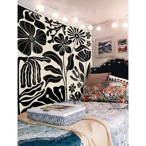 Yookeb Black Matisse Flower Tapestry 59W by 51H Inch Wall Hanging Abstract Vintage Leaves Aesthetic Retro Art 70s Modern Bedroom Living Room Dorm Polyester Fabric Home Decor - color: Black Matisse, size: 59"L x 51"W