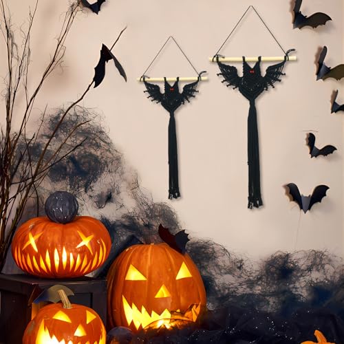 HVEST 2PCS Black Halloween Bat Macrame Wall Hanging Boho Decor Scary Black Bat, Gothic Handmade Woven Tapestry for Bedroom Spooky Halloween Decorations Macrame Wall Art for Living Room - color: Black Red