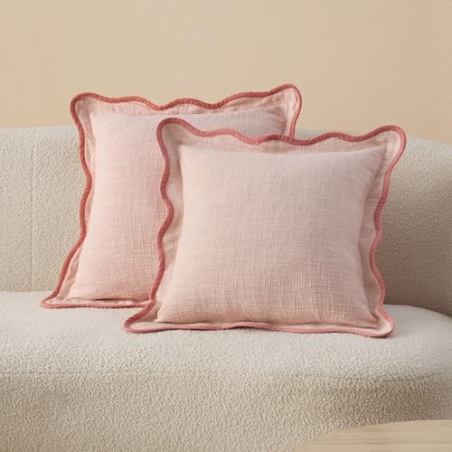 Double Stitch Scalloped Throw Pillow Covers - 100% Cotton Set of 2 Decorative Boho Pillow Covers 20 x 20, Made in India, Square Cushion Case, Modern Home Decor for Couch Sofa Living Room, Shell Pink - color: Shell Pink, size: 20" x 20" (Pack of 2)