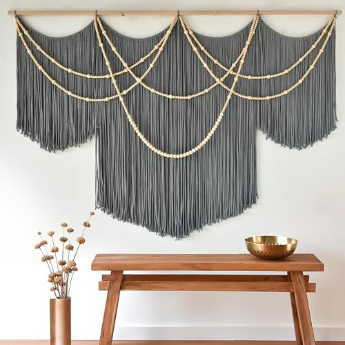 Flber Macrame Wall Hanging Boho Wall Art Beads Tassels Modern for Living Room Bedroom Large Geometric Wall Decor 57" W x 39" L - color: Gray1