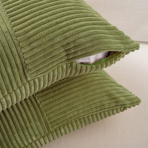 Fancy Homi 2 Packs Moss Green Samll Decorative Throw Pillow Covers 12x12 Inch with for Couch Bed Sofa, Rustic Farmhouse Boho Home Decor, Soft Corss Patchwork Corduroy Square Cushion Case 30x30 cm - color: Moss Green, size: 12" x 12" (Pack of 2)