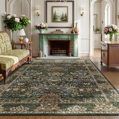 5x7 Floral Washable Area Rug for Living Room, Vintage Boho Rugs for Bedroom Dining Room, Botanical Birds Non Slip Low Pile Forest Throw Carpet for Farmhouse Office, Retro Gold/Green - color: Gold Green (Larger Pattern), size: 5' x 7' (Rectangular)
