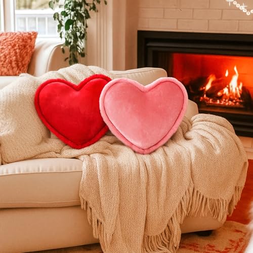 Roowest 2 Pack Valentine's Day Velvet Heart Pillows Soft Decorative Cute Love Fringe Throw Pillow Back Cushion for Girls Women Bed Sofa Couch Living Room Home Decor Wedding Gift(Red Pink)