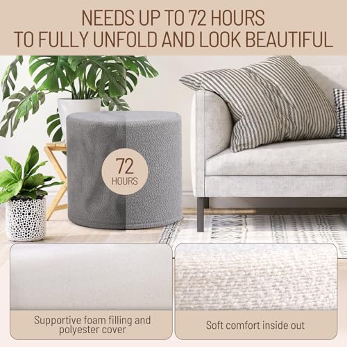 Grey Round Ottoman Foot Rest Stool – Modern Boucle Fabric Footstool with Soft Foam Filling, Lightweight Pouf for Living Room, Bedroom, Home Office – Neutral Grey - color: Grey