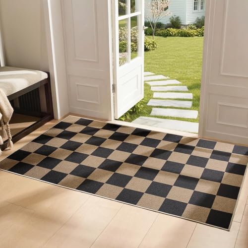 Sasttie Checkered Jute-Look Entryway Rug, 3x5 Washable Rug Front Door Mat, Non-Slip Neutral Farmhouse Throw Rugs for High Traffic Indoor & Outdoor, Natural/Black - color: Black & Natural, size: 3' x 5' (Rectangular)